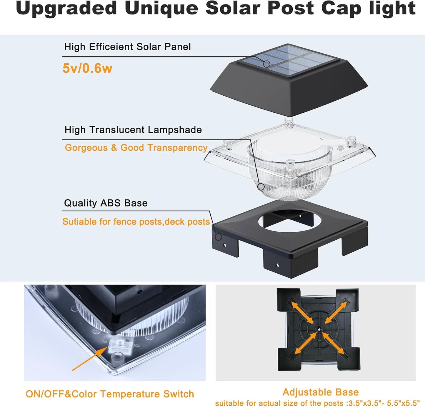 FVTLED Solar Post Cap Lights, 2-Modes 120 LM Fence Deck Post Light Solar Powered for 4x4 5x5 6x6 Wood, 4x4 Vinyl Posts, IP65 Waterproof Warm White & Cool White Garden Patio Decor, Black/White
