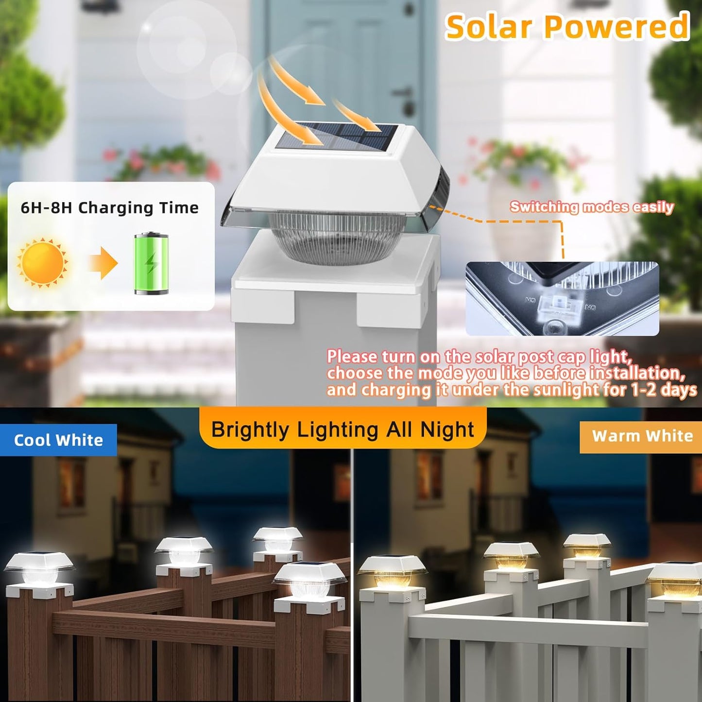 FVTLED Solar Post Cap Lights, 2-Modes 120 LM Fence Deck Post Light Solar Powered for 4x4 5x5 6x6 Wood, 4x4 Vinyl Posts, IP65 Waterproof Warm White & Cool White Garden Patio Decor, Black/White
