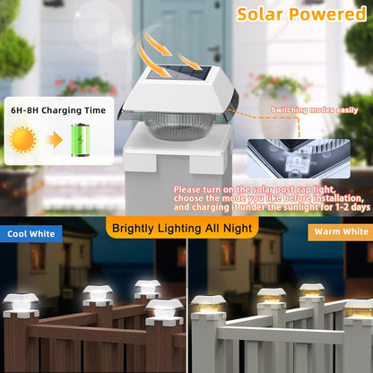FVTLED Solar Post Cap Lights, 2-Modes 120 LM Fence Deck Post Light Solar Powered for 4x4 5x5 6x6 Wood, 4x4 Vinyl Posts, IP65 Waterproof Warm White & Cool White Garden Patio Decor, Black/White
