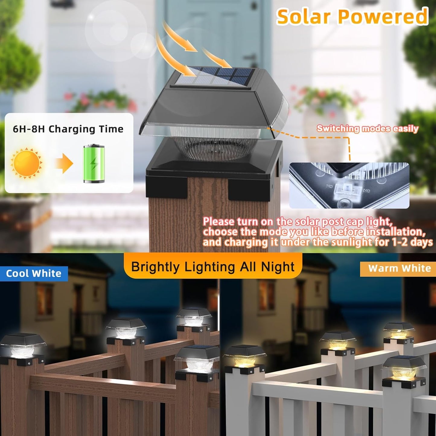 FVTLED Solar Post Cap Lights, 2-Modes 120 LM Fence Deck Post Light Solar Powered for 4x4 5x5 6x6 Wood, 4x4 Vinyl Posts, IP65 Waterproof Warm White & Cool White Garden Patio Decor, Black/White