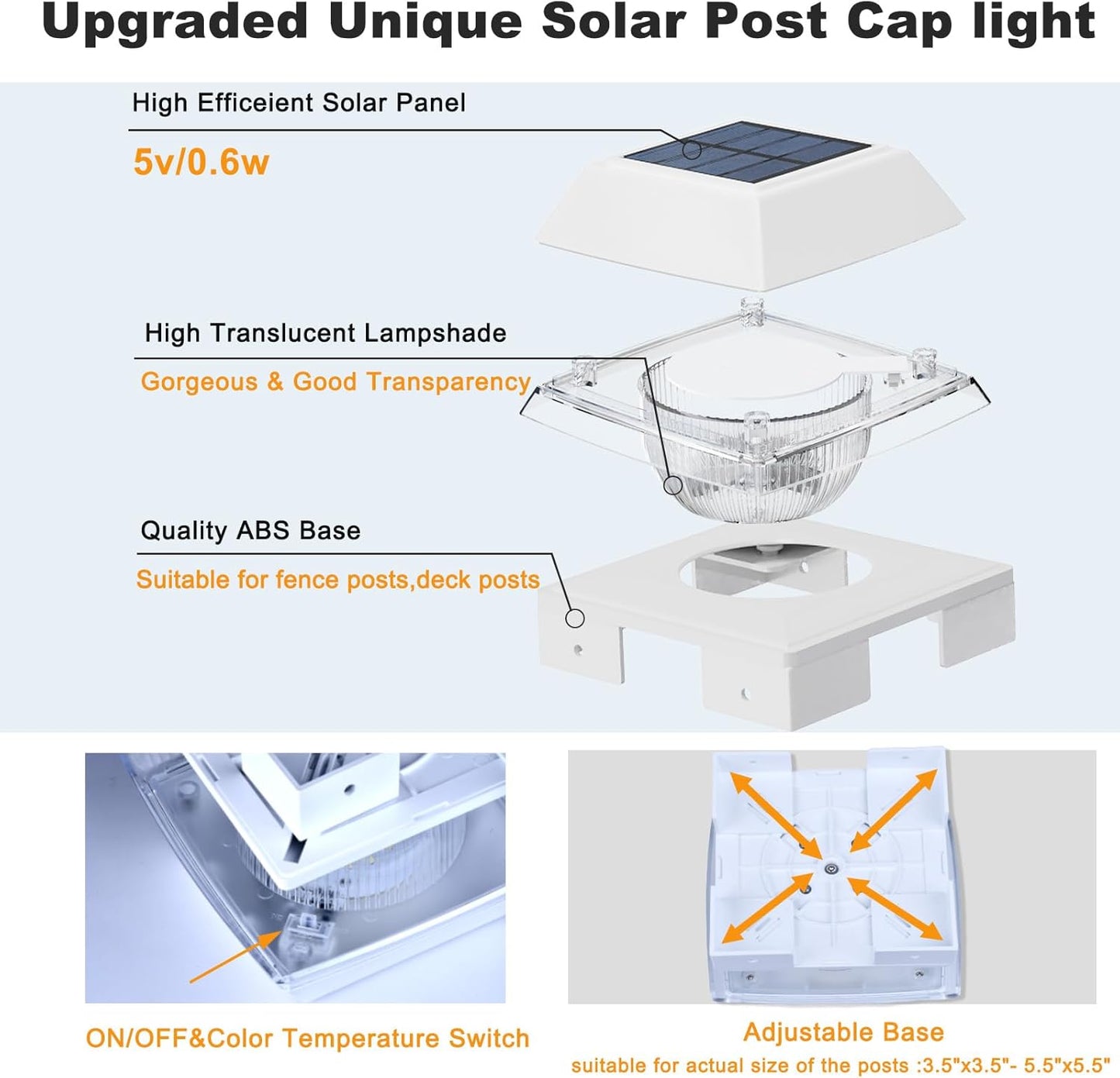 FVTLED Solar Post Cap Lights, 2-Modes 120 LM Fence Deck Post Light Solar Powered for 4x4 5x5 6x6 Wood, 4x4 Vinyl Posts, IP65 Waterproof Warm White & Cool White Garden Patio Decor, Black/White