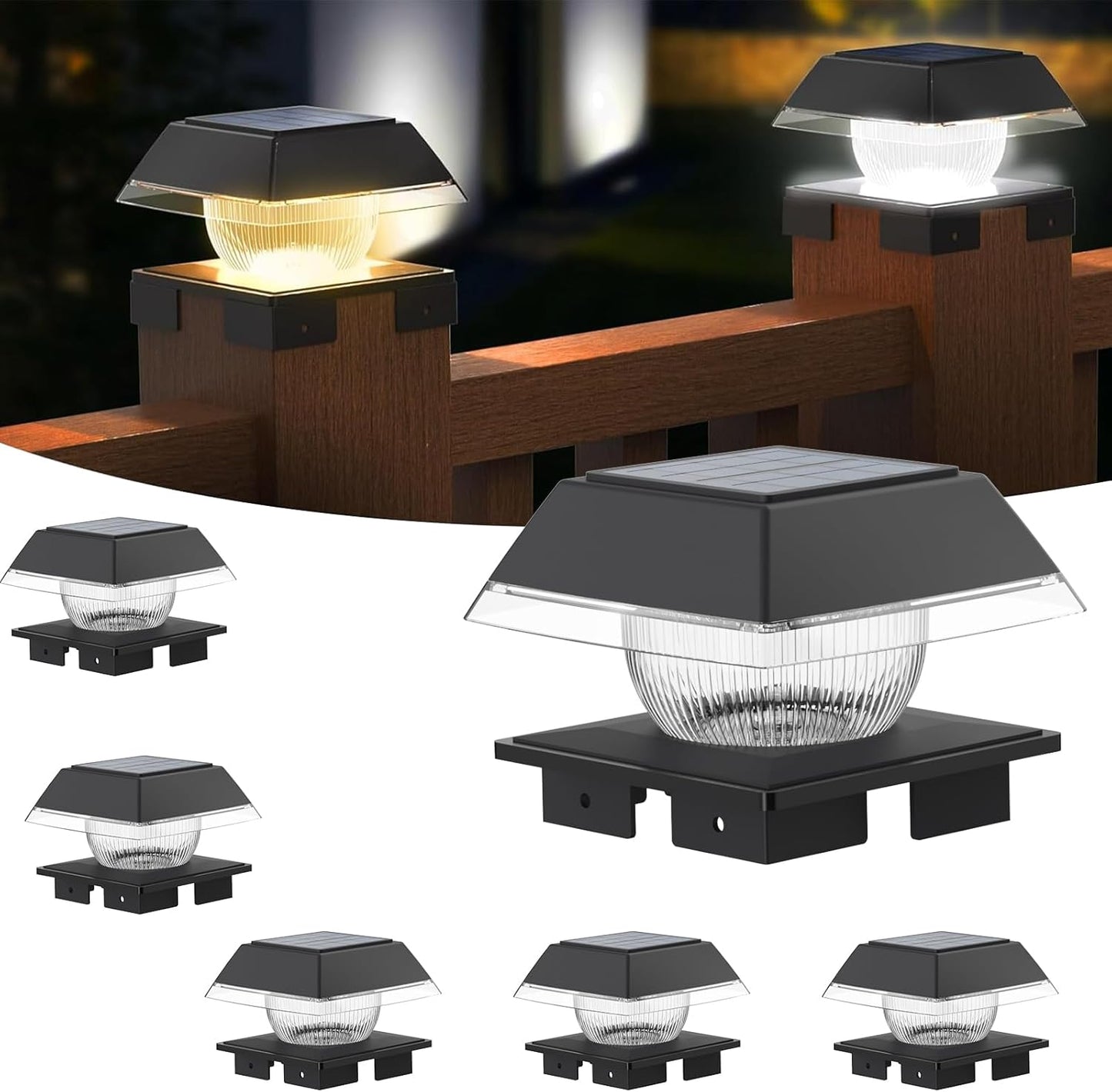 FVTLED Solar Post Cap Lights, 2-Modes 120 LM Fence Deck Post Light Solar Powered for 4x4 5x5 6x6 Wood, 4x4 Vinyl Posts, IP65 Waterproof Warm White & Cool White Garden Patio Decor, Black/White