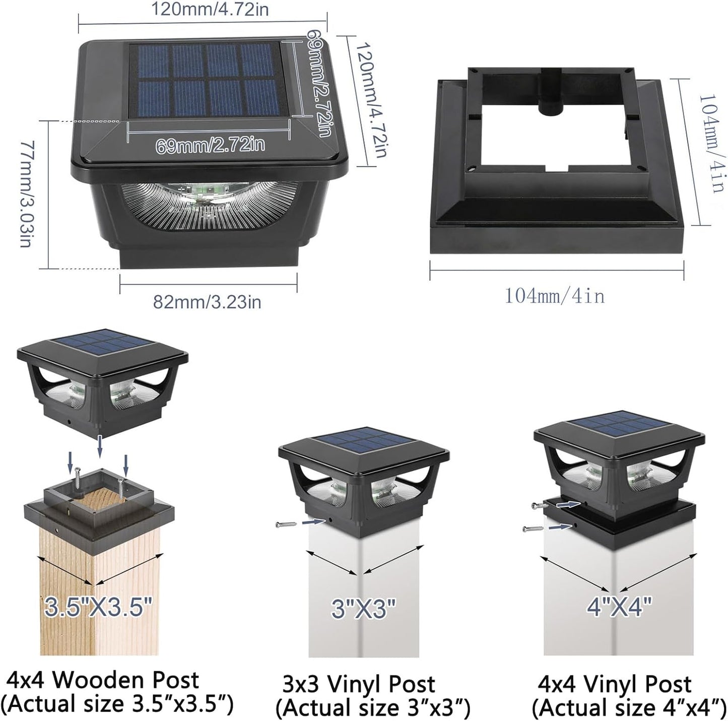 FVTLED Solar Post Lights, Outdoor Solar Post Cap Light Fits 4 x 4 Wood, 3x3 & 4x4 PCV/Vinyl Fence Posts Solar Powered Deck Light Warm White Cool White for Garden Yard Railing, IP65 Waterproof, Black / White Shell