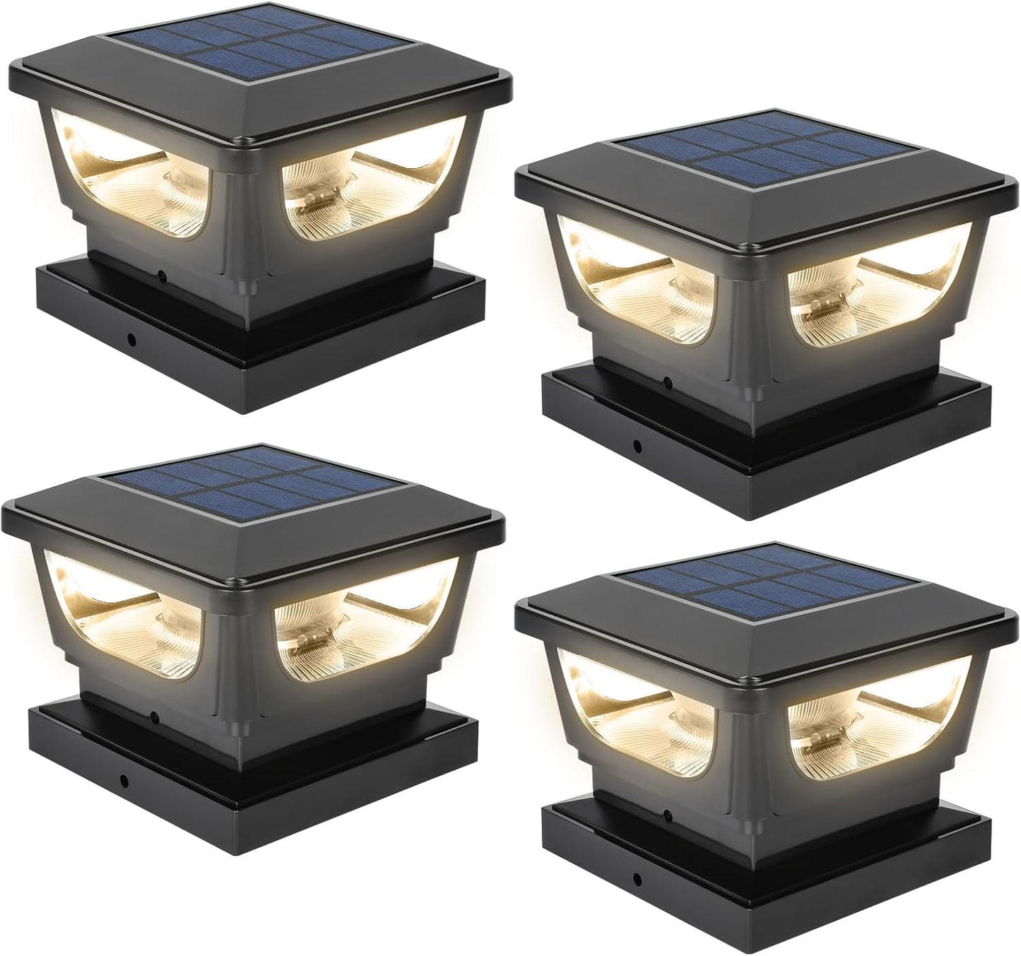 FVTLED Solar Post Lights, Outdoor Solar Post Cap Light Fits 4 x 4 Wood, 3x3 & 4x4 PCV/Vinyl Fence Posts Solar Powered Deck Light Warm White Cool White for Garden Yard Railing, IP65 Waterproof, Black / White Shell