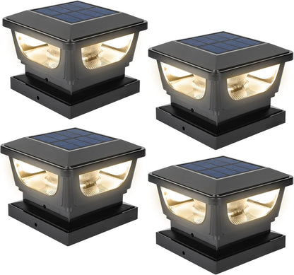 FVTLED Solar Post Lights, Outdoor Solar Post Cap Light Fits 4 x 4 Wood, 3x3 & 4x4 PCV/Vinyl Fence Posts Solar Powered Deck Light Warm White Cool White for Garden Yard Railing, IP65 Waterproof, Black / White Shell