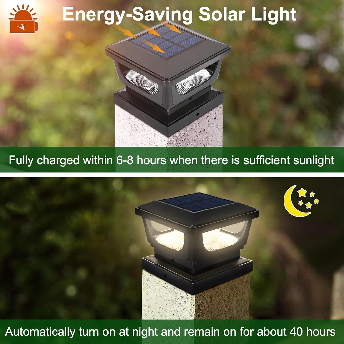 FVTLED Solar Post Lights, Outdoor Solar Post Cap Light Fits 4 x 4 Wood, 3x3 & 4x4 PCV/Vinyl Fence Posts Solar Powered Deck Light Warm White Cool White for Garden Yard Railing, IP65 Waterproof, Black / White Shell