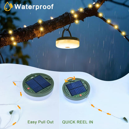 FVTLED Outdoor Solar Camping Light, 10m 20m 100 200 LED RGB Warm white Retractable String Lights, IP65 Waterproof, 10 Lighting Modes + 3 Brightness Levels, For Camping, Tents, Outdoor, Special Events