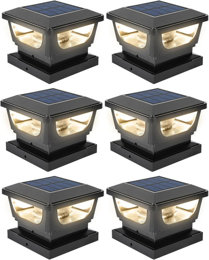 FVTLED Solar Post Lights, Outdoor Solar Post Cap Light Fits 4 x 4 Wood, 3x3 & 4x4 PCV/Vinyl Fence Posts Solar Powered Deck Light Warm White Cool White for Garden Yard Railing, IP65 Waterproof, Black / White Shell