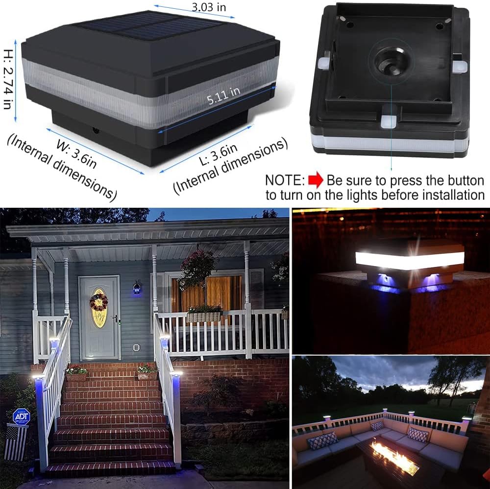 Solar Post Cap Light, 52 LEDs 160 Lumen Outdoor Solar Post Light Fits 4x4 5x5 6x6 Wooden Posts IP65 Deck Fence Lights Platform Garden Patio 6000K White Lighting, Black Shell