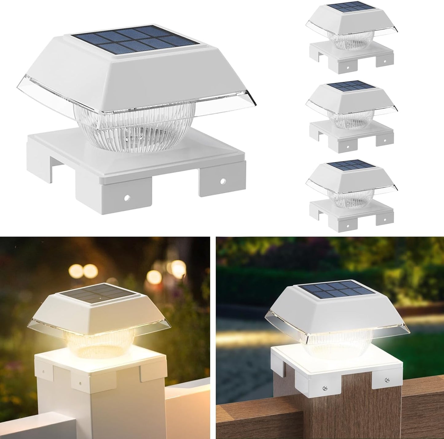 FVTLED Solar Post Cap Lights, 2-Modes 120 LM Fence Deck Post Light Solar Powered for 4x4 5x5 6x6 Wood, 4x4 Vinyl Posts, IP65 Waterproof Warm White & Cool White Garden Patio Decor, Black/White