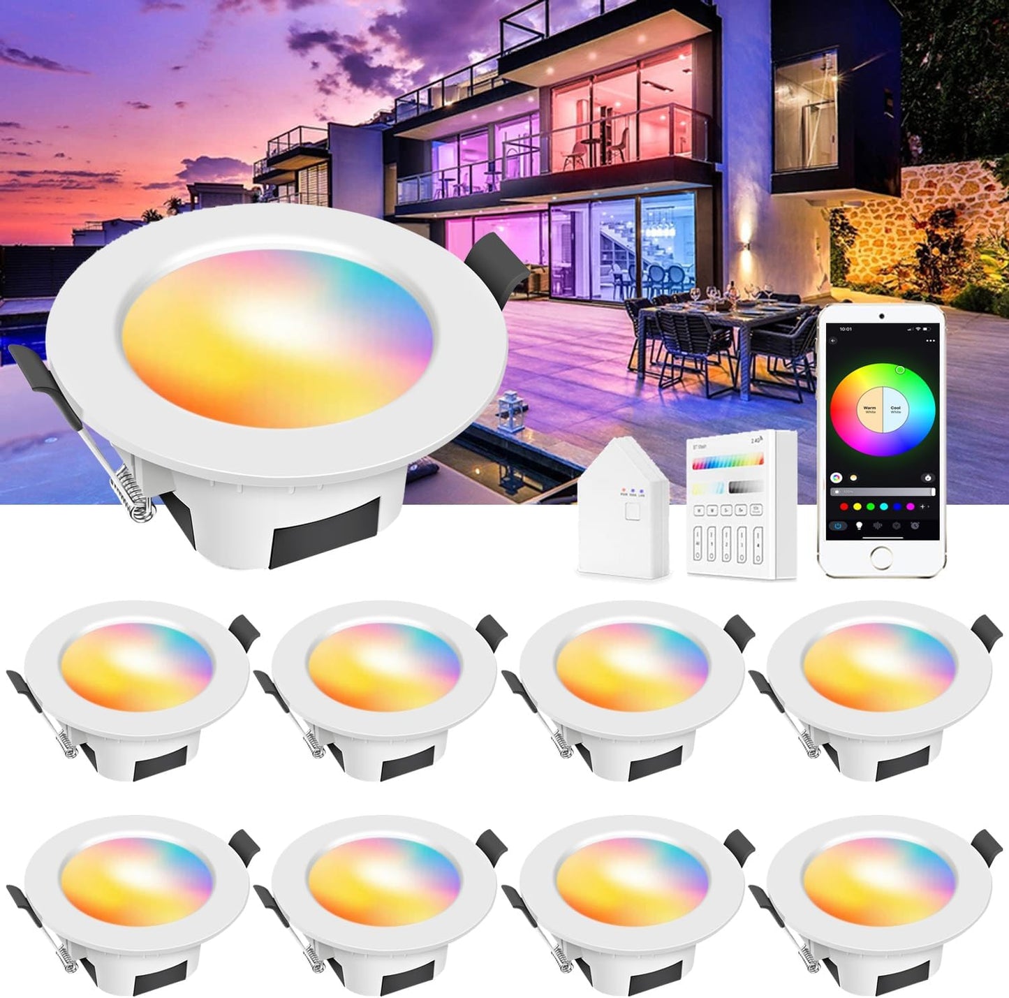 Smart LED Downlights Ceiling Lights Recessed Lighting 3 inch 4 inch, Flush Mount Ceiling Light, Can Lights 5W 9W, RGB Color Changing and 2700-6500K Dimmable CCT Warm White Cool White, for Bedroom, Living Room, Kitchen Lighting Fixtures Ceiling