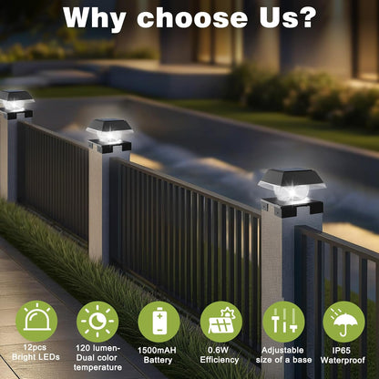 FVTLED Solar Post Cap Lights, 2-Modes 120 LM Fence Deck Post Light Solar Powered for 4x4 5x5 6x6 Wood, 4x4 Vinyl Posts, IP65 Waterproof Warm White & Cool White Garden Patio Decor, Black/White