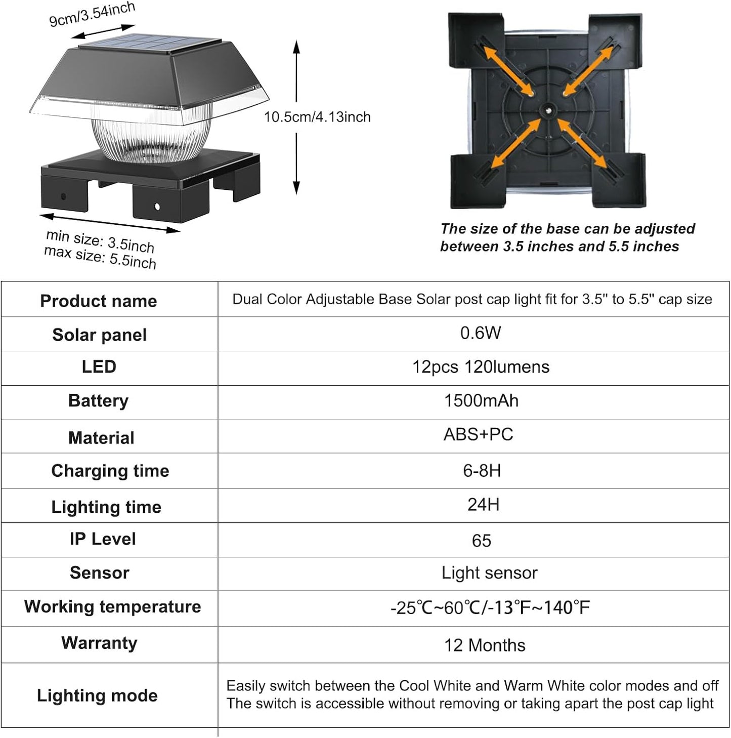 FVTLED Solar Post Cap Lights, 2-Modes 120 LM Fence Deck Post Light Solar Powered for 4x4 5x5 6x6 Wood, 4x4 Vinyl Posts, IP65 Waterproof Warm White & Cool White Garden Patio Decor, Black/White