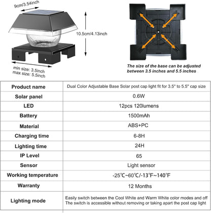 FVTLED Solar Post Cap Lights, 2-Modes 120 LM Fence Deck Post Light Solar Powered for 4x4 5x5 6x6 Wood, 4x4 Vinyl Posts, IP65 Waterproof Warm White & Cool White Garden Patio Decor, Black/White