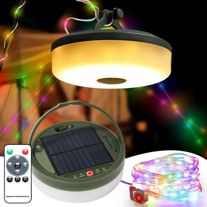 FVTLED Outdoor Solar Camping Light, 10m 20m 100 200 LED RGB Warm white Retractable String Lights, IP65 Waterproof, 10 Lighting Modes + 3 Brightness Levels, For Camping, Tents, Outdoor, Special Events