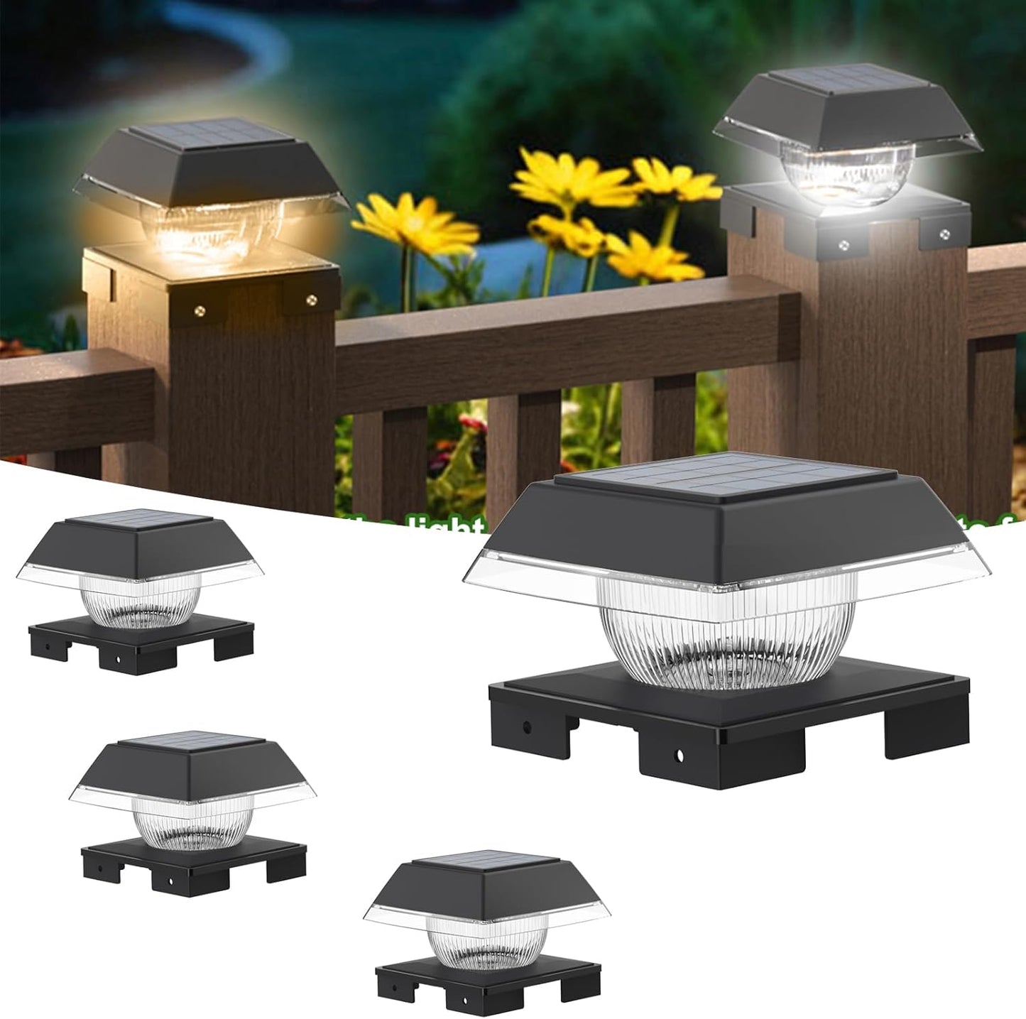 FVTLED Solar Post Cap Lights, 2-Modes 120 LM Fence Deck Post Light Solar Powered for 4x4 5x5 6x6 Wood, 4x4 Vinyl Posts, IP65 Waterproof Warm White & Cool White Garden Patio Decor, Black/White