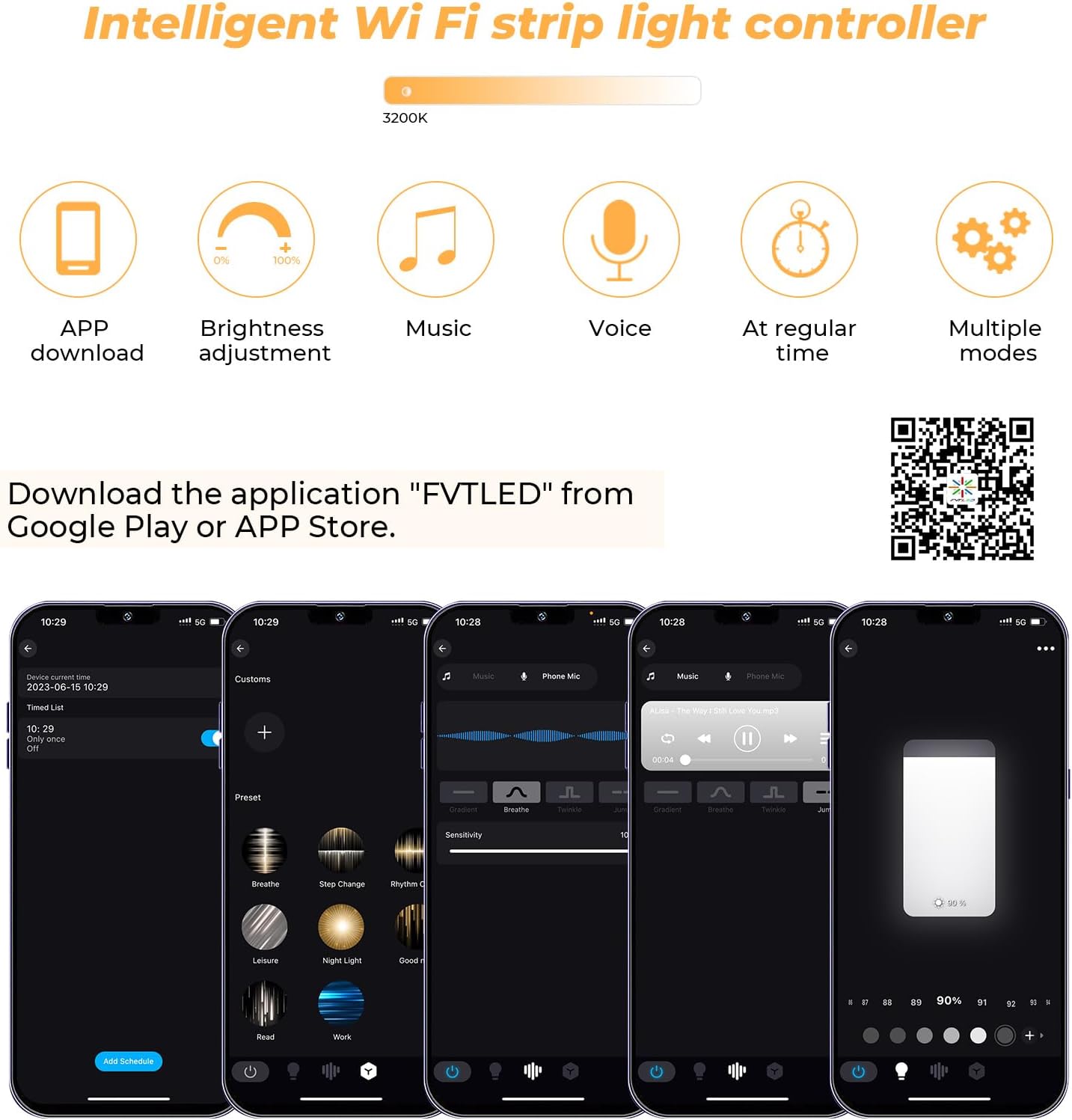 FVTLED WiFi Wireless Controller for LED Strip Lights Warm Cool White RGB RGBW Pixel RGBIC Strip Lights Music Sync Color Changing Bluetooth WiFi Controller, Android iOS , 12V-24V, APP Voice Control, Dimmable, Timing Function