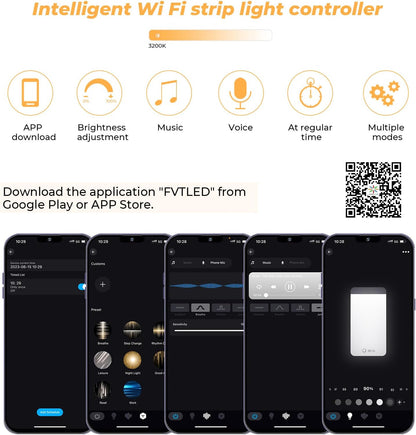 FVTLED WiFi Wireless Controller for LED Strip Lights Warm Cool White RGB RGBW Pixel RGBIC Strip Lights Music Sync Color Changing Bluetooth WiFi Controller, Android iOS , 12V-24V, APP Voice Control, Dimmable, Timing Function
