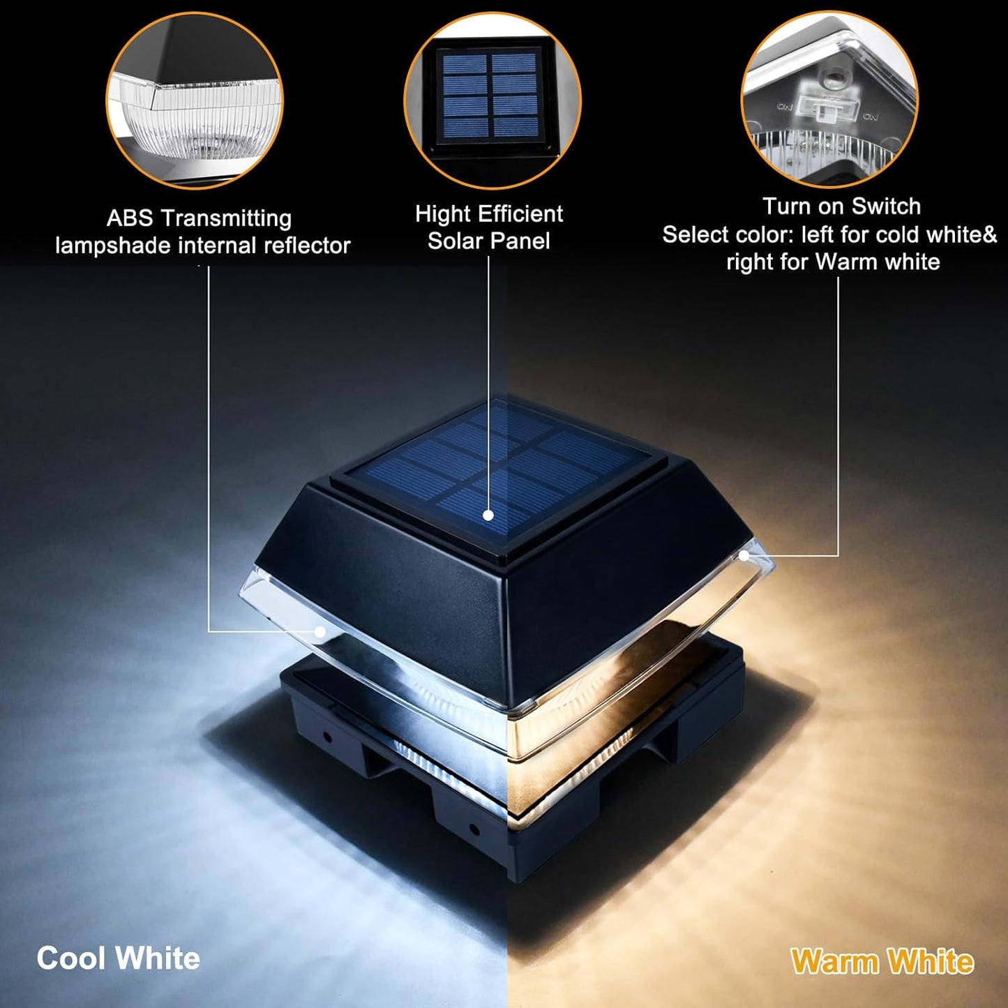 FVTLED Solar Post Cap Lights, 2-Modes 120 LM Fence Deck Post Light Solar Powered for 4x4 5x5 6x6 Wood, 4x4 Vinyl Posts, IP65 Waterproof Warm White & Cool White Garden Patio Decor, Black/White