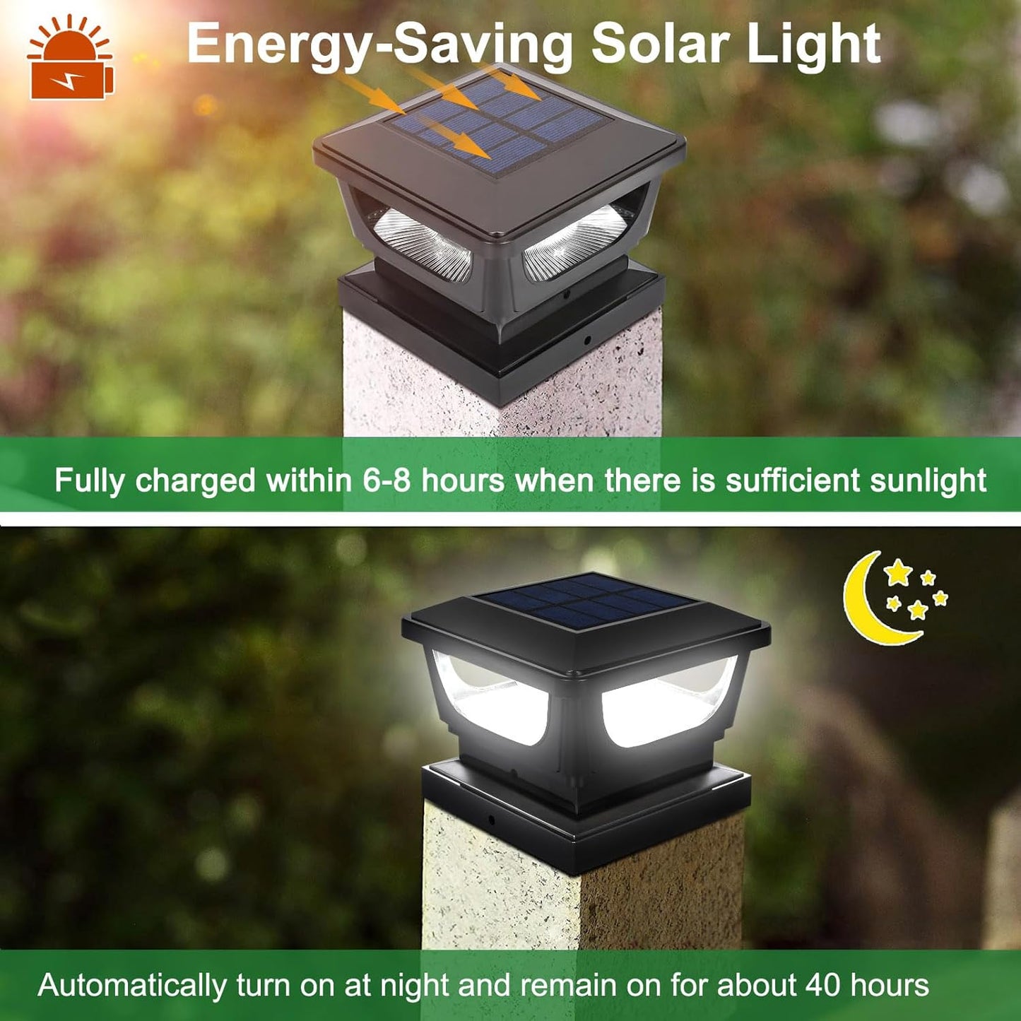FVTLED Solar Post Lights, Outdoor Solar Post Cap Light Fits 4 x 4 Wood, 3x3 & 4x4 PCV/Vinyl Fence Posts Solar Powered Deck Light Warm White Cool White for Garden Yard Railing, IP65 Waterproof, Black / White Shell
