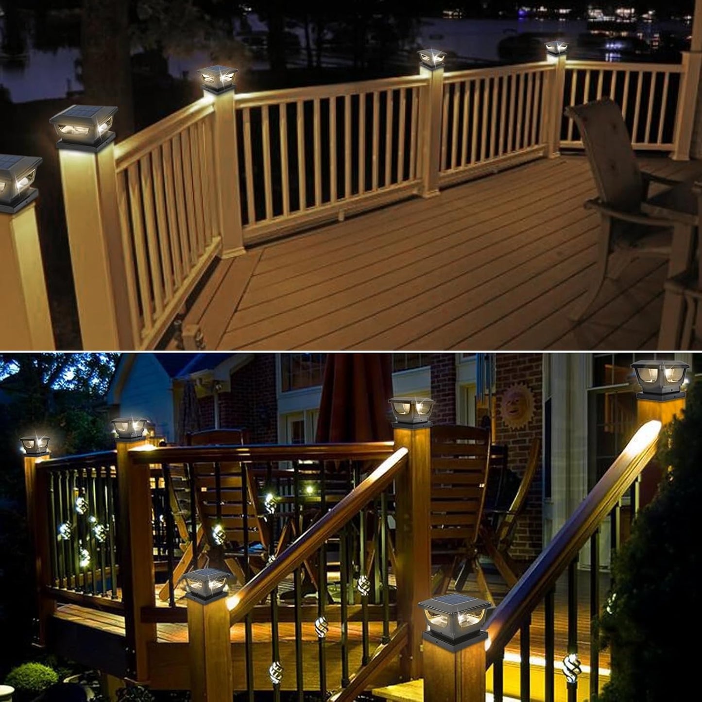 FVTLED Solar Post Lights, Outdoor Solar Post Cap Light Fits 4 x 4 Wood, 3x3 & 4x4 PCV/Vinyl Fence Posts Solar Powered Deck Light Warm White Cool White for Garden Yard Railing, IP65 Waterproof, Black / White Shell