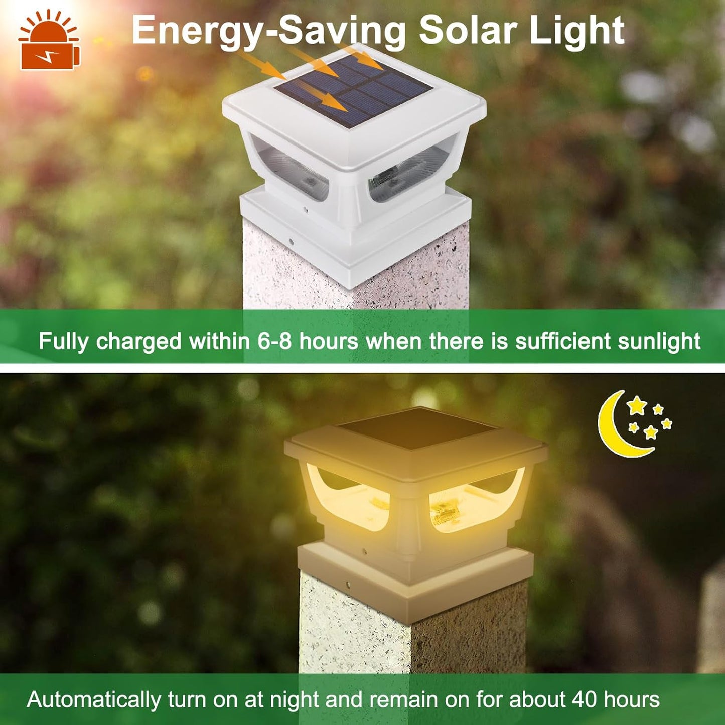 FVTLED Solar Post Lights, Outdoor Solar Post Cap Light Fits 4 x 4 Wood, 3x3 & 4x4 PCV/Vinyl Fence Posts Solar Powered Deck Light Warm White Cool White for Garden Yard Railing, IP65 Waterproof, Black / White Shell