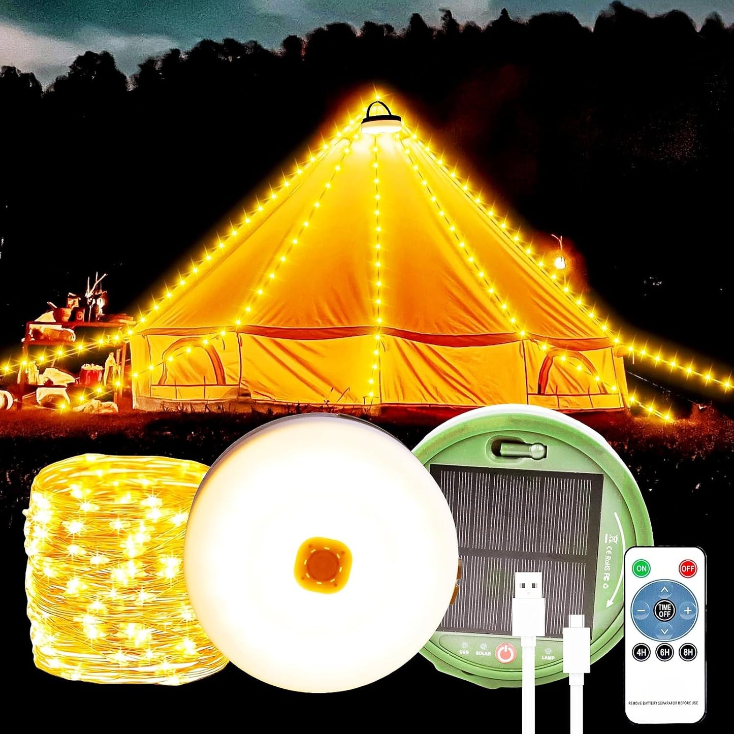 FVTLED Outdoor Solar Camping Light, 10m 20m 100 200 LED RGB Warm white Retractable String Lights, IP65 Waterproof, 10 Lighting Modes + 3 Brightness Levels, For Camping, Tents, Outdoor, Special Events