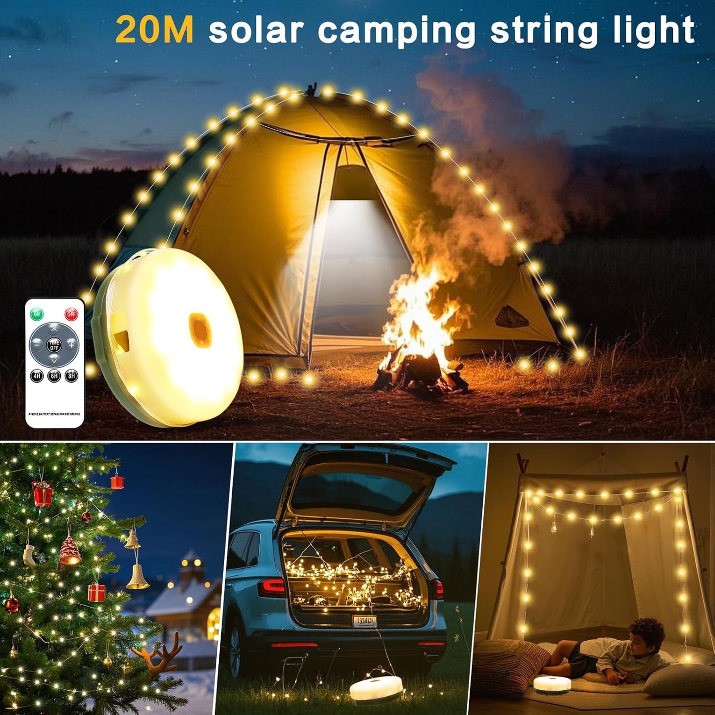 FVTLED Outdoor Solar Camping Light, 10m 20m 100 200 LED RGB Warm white Retractable String Lights, IP65 Waterproof, 10 Lighting Modes + 3 Brightness Levels, For Camping, Tents, Outdoor, Special Events