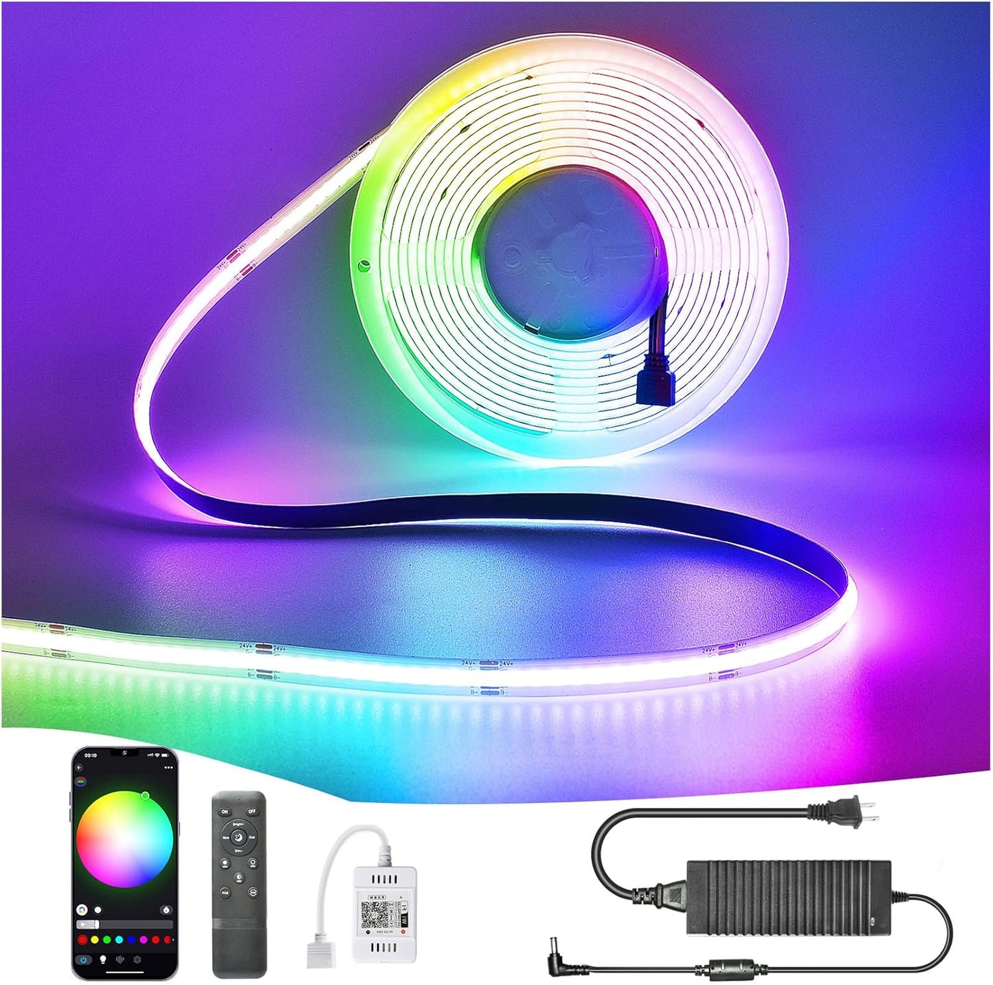 12V/24V RGB RGBW Warm White RGBIC Pixel Colors COB Led Strip Light 16.4ft/5m, 32.8ft/10m, Smart Led Strip Lights Dimmable with APP Control, Music Sync, Alexa/Google Compatible, Flexible Led Tape Light for TV Led Backlight, Room Decor