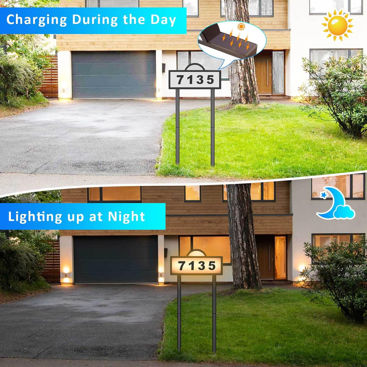 DEWEL Solar House Number Sign – Light-Up Address Plaque With 3 Color Modes, IP65 Waterproof, Wall Or Ground Mount