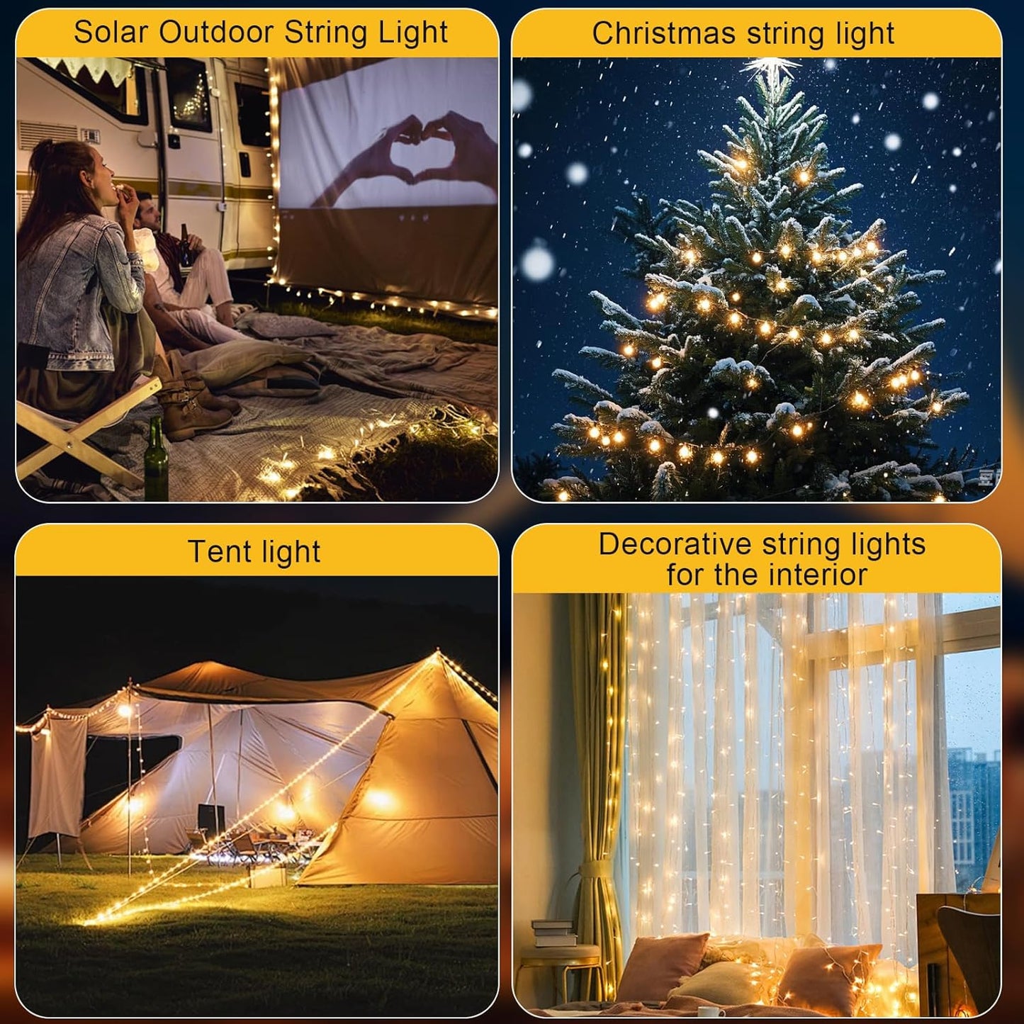 FVTLED Outdoor Solar Camping Light, 10m 20m 100 200 LED RGB Warm white Retractable String Lights, IP65 Waterproof, 10 Lighting Modes + 3 Brightness Levels, For Camping, Tents, Outdoor, Special Events