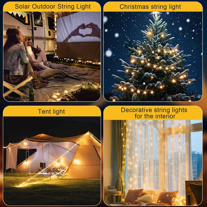 FVTLED Outdoor Solar Camping Light, 10m 20m 100 200 LED RGB Warm white Retractable String Lights, IP65 Waterproof, 10 Lighting Modes + 3 Brightness Levels, For Camping, Tents, Outdoor, Special Events