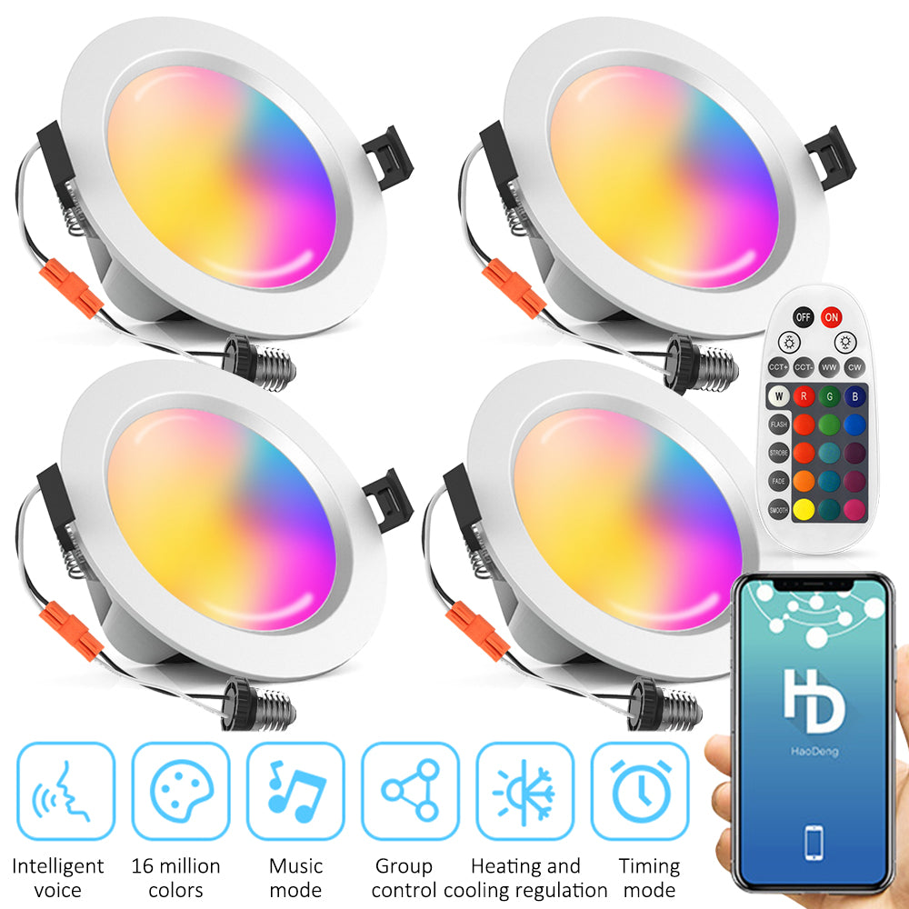FVTLED Bluetooth LED Recessed Lighting 6 Inch Retrofit Recessed Downlights 15W RGBWC 2700K - 6500K White Dimmable Multicolor LED Ceiling Lights Can Lights with Remote,1 Pack 4 Pack 6 Pack